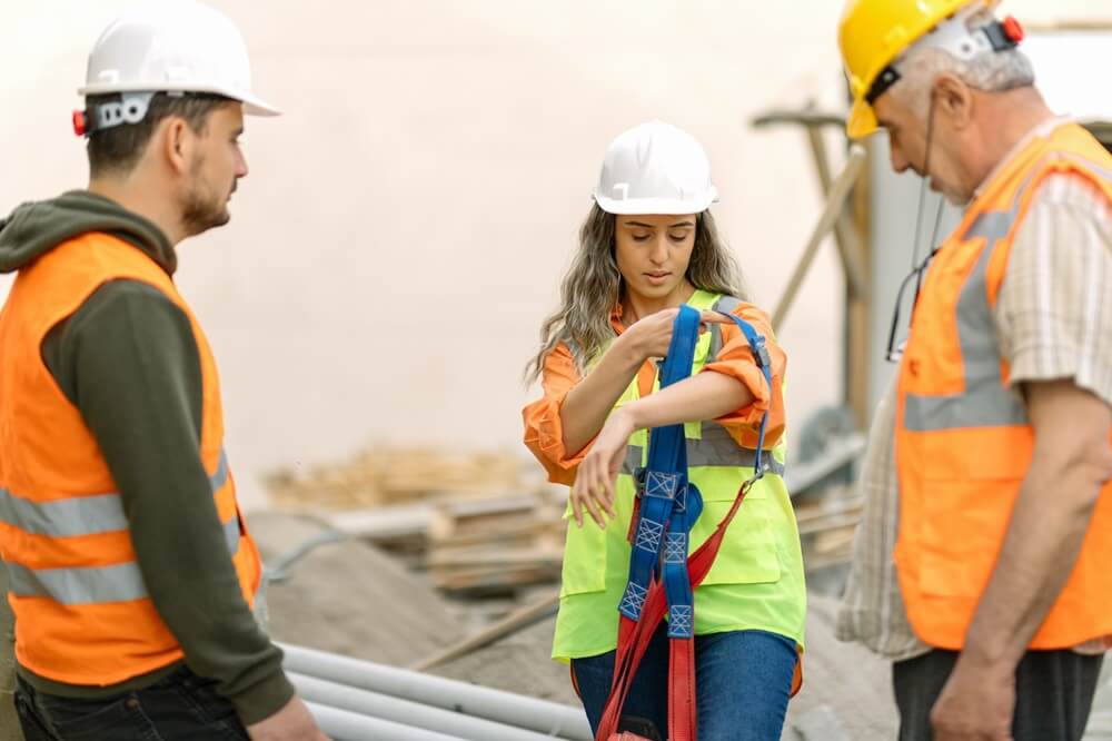 A person who identifies as a female is putting on a safety harness.